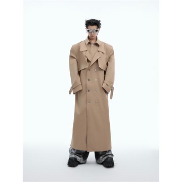 ArguE重工小眾解構假兩件墊肩風衣外套金屬質感廓形長款休閑大衣