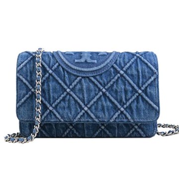 TORY BURCH 158819 Fleming 菱格丹寧斜背WOC晚宴包/鏈包.深藍