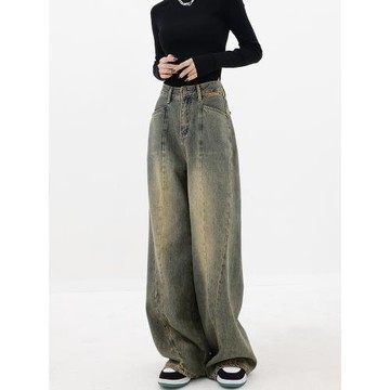 KEN STUDIO秋冬加絨復古水洗牛仔褲女直筒寬松闊腿褲設計感拖地褲