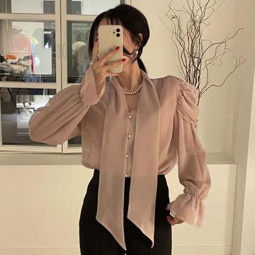 韓國chic春季氣質百搭系脖V領寬松休閑喇叭袖薄款雪紡襯衫上衣女