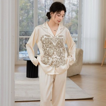 現貨+預購 女絲質居家睡衣套裝緞面上衣絲綢冰絲睡衣薄款長袖睡衣睡褲-蝴蝶印花長褲74kl17【獨家進口】【米蘭精品】