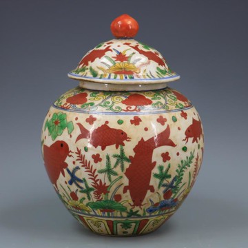 明嘉靖青花五彩魚藻紋蓋罐仿古老貨瓷器家居裝飾擺件古董古玩收藏1入