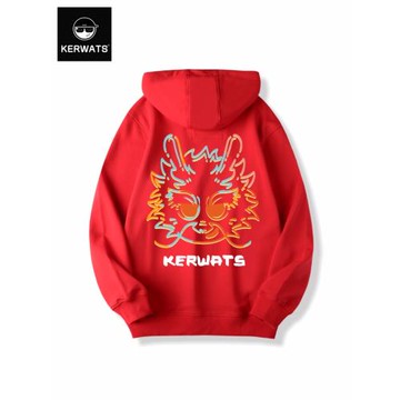 KERWATS可維斯品牌大碼男女情侶無性別龍龍圖案印花大紅色衛衣