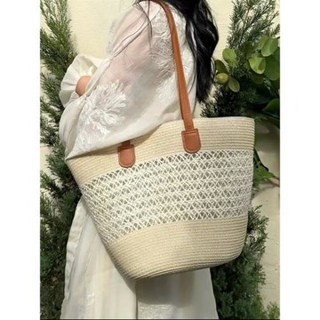 鏤空設計草編包女大容量編織菜籃子夏日沙灘包法式托特包百搭新款