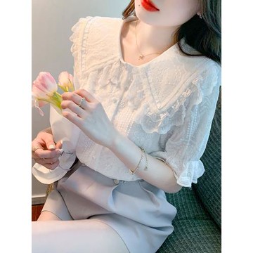 夏季娃娃領襯衣女裝2025年新款時髦短袖蕾絲上衣氣質小衫雪紡襯衫