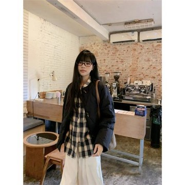 韓系減齡牛角扣菱形加厚棉襖外套春秋2025新款設計感小眾長袖上衣