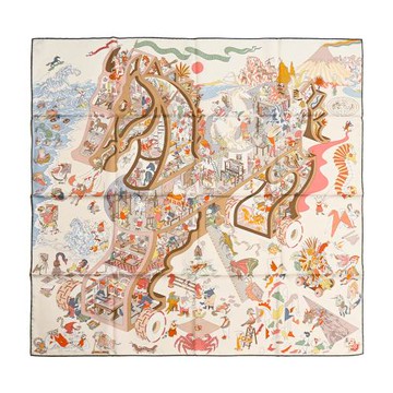 Hermes 愛馬仕 Academia Hippica 90 手工捲邊斜紋真絲方巾(白色/玫瑰粉色/米色)