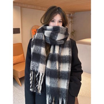 虞書欣同款圍巾女冬季2025新款百搭高級感黑白格子保暖情侶圍脖男