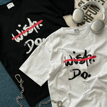 ［FJ select］Wish Do 手寫英文字短T 短踢 寬鬆 落肩 圓領 短袖上衣 男生短袖 女上衣 情侶 T恤