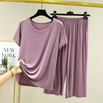 莫代爾短袖女家居服寬松大碼睡衣T胖mm休閑套裝可外穿夏季兩件套