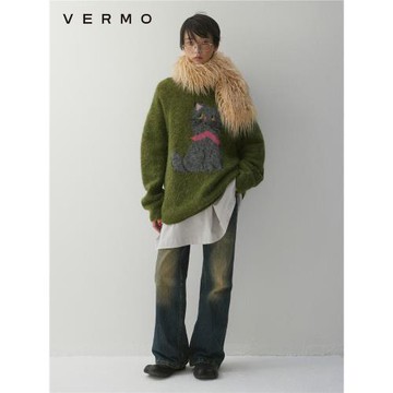 VERMO 羊駝毛羊毛混紡長毛絨 嵌花貓貓寬松圓領套頭毛衣