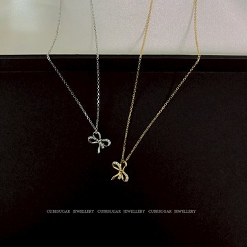 方糖家 925純銀蝴蝶結項鏈 鑲鉆精致簡約百搭鎖骨鏈 氣質不易過敏1入