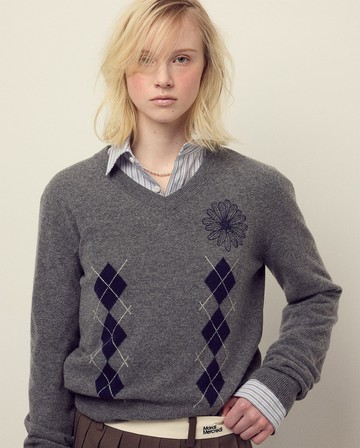 MARDI MERCREDI V領針織毛衣 深灰色 小雛菊刺繡 海軍藍 菱格紋 CASHMERE BLENDED V NECK ARGYLE