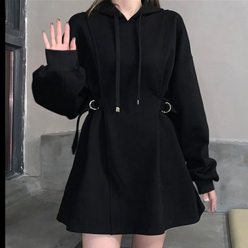 特大碼連帽衛衣設計感衛衣裙女寬鬆慵懶風秋冬中長款炸街連帽衛衣大尺码T恤衛衣