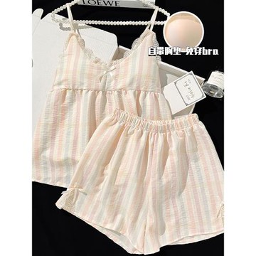 帶胸墊一體睡衣女夏季云朵棉綢性感兩件套吊帶背心條紋夏天家居服