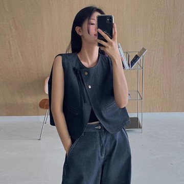 時尚套裝女復古小眾斜扣百搭背心馬甲夏季高腰闊腿休閑褲兩件套