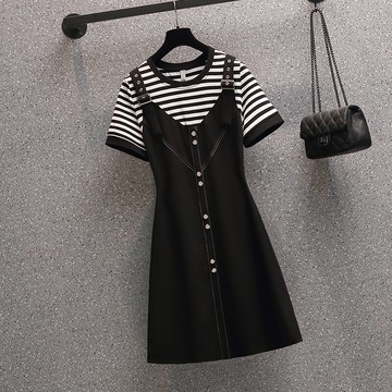 品牌折扣店商場專柜撤柜女裝尾貨清倉夏裝條紋假兩件短袖連衣裙女