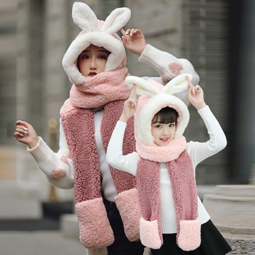 兒童連帽圍巾一體帽子手套親子母女冬季毛茸茸少女童加厚加絨可愛1入