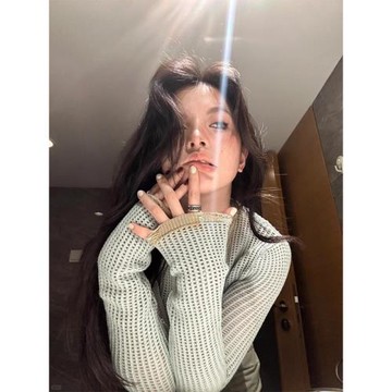 Turn up/陳腿兒 復古噴印辣妹針織衫圓領鏤空破洞長袖針織短開衫