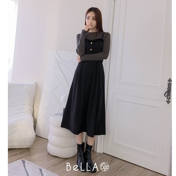 【買三送1】BeLLA 上排釦毛邊洋裝 黑色
