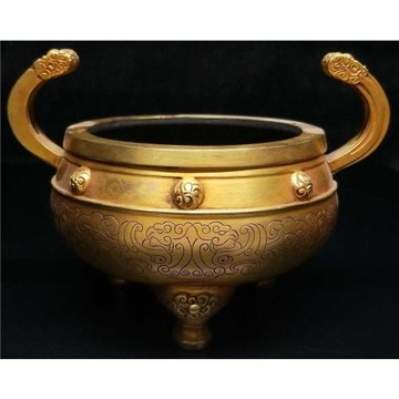 老件紫銅全鎏金高14*20公分重2.65公斤官帽如意耳金香爐擺件