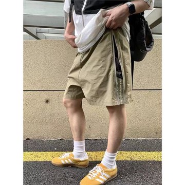 美式夏季新品小眾設計拉鏈條紋彩色尼龍速干松緊腰五分褲短褲寬松