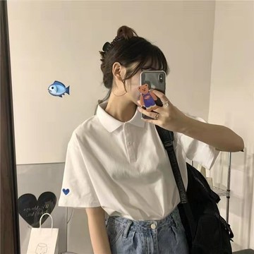 「小隻女」日係polo衫短袖女 新款短袖潮 設計感 小衆白色T恤女 學生韓版 上衣夏 甜美百搭 半袖上衣 素色愛心短袖
