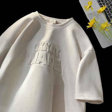 鹿皮絨短袖t恤男ins潮流寬松半袖上衣夏季設計感字母印花重磅體恤