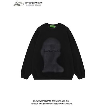 歐美復古設計感模糊人像印花圓領衛衣男女潮牌寬松hiphop情侶上衣
