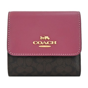 COACH 立體馬車小logo拼接PVC三折短夾(咖啡桃粉)