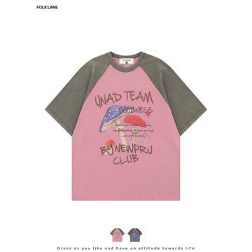 稚成人趣味蘑菇字母印花短袖T恤男女夏季新款可愛拼接寬松上衣潮