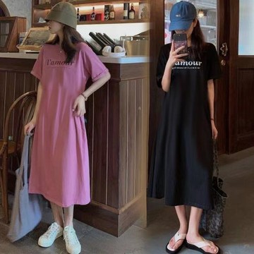 夏季短袖T恤睡衣女長款學生字母家居服寬松大碼連衣長裙韓版睡裙