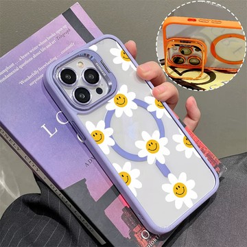 微笑小雛菊 磁吸手機殼 金屬鏡頭支架 保護殼 適用於iPhone 17 16 15 14 13 12 11 Max防摔殼