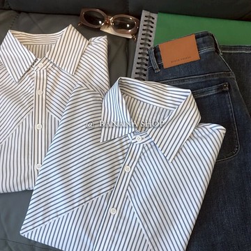 香蕉芭那那 好穿搭品質面料~不易皺！拼接條紋顯瘦長袖襯衫襯衣女