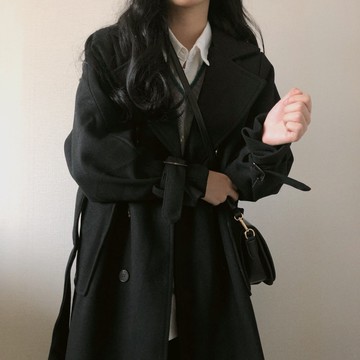 韓國鬼馬少女翻領雙排扣毛呢外套復古百搭修身中長款呢子大衣1入