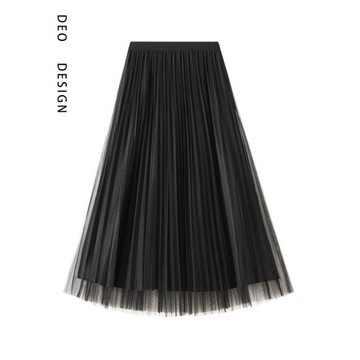 黑色網紗百褶半身裙女春季2025新款遮胯中長款兩面穿a字裙子8856