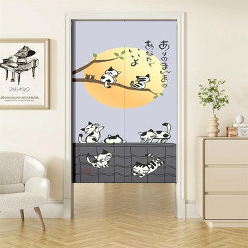 【嵐楓居家】日式棉麻長門簾風水簾85x180cm-觀月貓咪一片式（送門簾桿＋門簾掛勾）_廠商直送