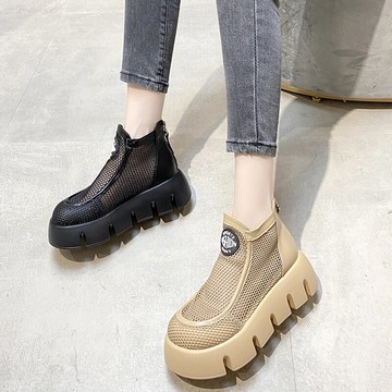 歐洲站松糕網靴女2021夏新款厚底增高百搭鏤空透氣網紗靴子女涼靴