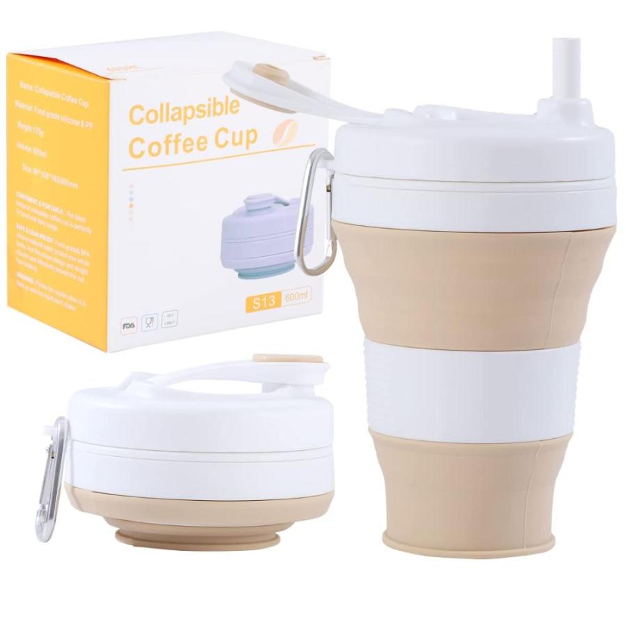 600 ml Collapsible Travel Cup with Lid  Straw, 20.3 oz Foldable Coffee Mug