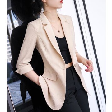 米色小西裝外套女夏薄款韓版氣質休閑英倫風醋酸半袖網紅西服上衣