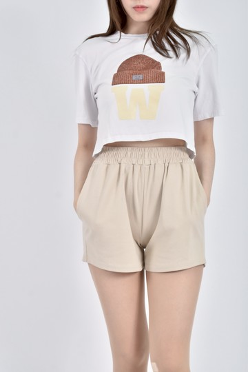 (S) 【尚樺私服】修身短版質感棉質印花毛線帽白色短袖上衣