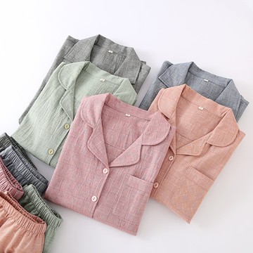 【現貨】100%純棉睡衣套裝 情侶男女長袖長褲睡衣居家服日系無印格子色織純棉翻領居家服小外套男女家居服