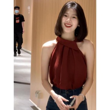 法式性感無袖露肩紅色掛脖背心女夏季小眾氣質高級感棉麻小衫上衣