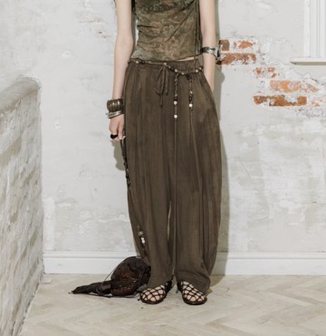 法式復古 銅氨絲繭型弧形長褲