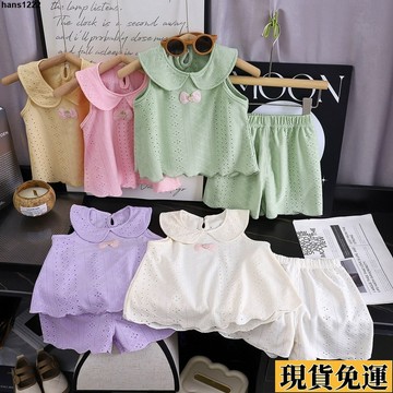 💦台灣限時低價💦 夏季新款娃娃領套裝女童背心無袖夏裝短褲寶寶洋氣兩件套兩件套T恤 女童休閒套裝 韓版套裝