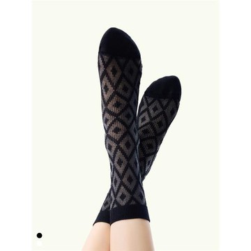 襪say 春夏薄款棉襪花紋黑白卡絲女襪網眼透氣復古中筒襪