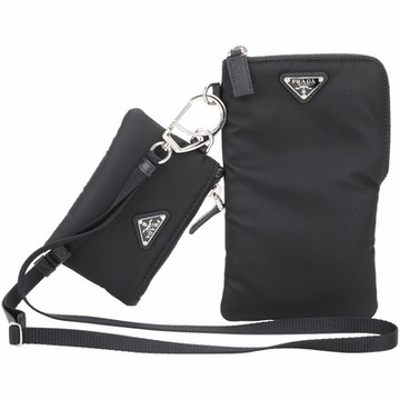 PRADA 普拉達 Tessuto 可拆掛繩三角牌尼龍萬用手機包(附零錢包/黑色)