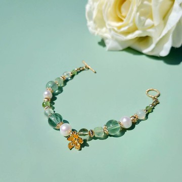 綠洲。螢石 淡水珍珠 葡萄石 14K包金 水晶礦石設計手鍊