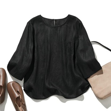 純亞麻質感 七分袖襯衫 透氣親膚 輕盈舒適 黑色  240517-6