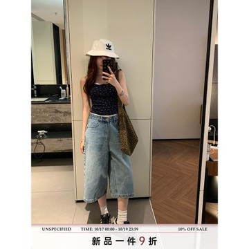 荒荒家美式七分藍色牛仔褲2025新款高街小個子直筒休閑中短褲女夏